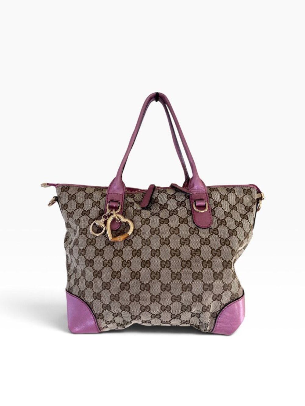 Gucci GG Canvas Heart Bit Bamboo Charm Tote Bag Pink Leather Vintage Y2K